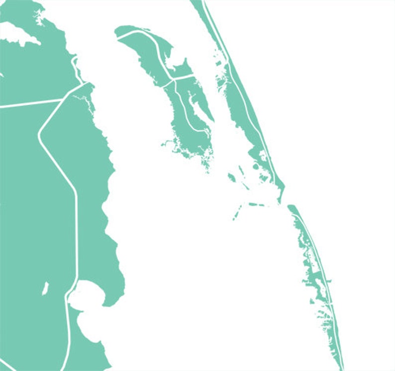 May include: A teal and white map of a coastal region, featuring landmasses and waterways. The map has a minimalist design with white outlines defining the land and water boundaries. The overall shape suggests a geographical representation.