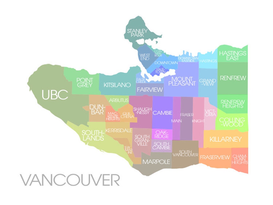 Vancouver, BC Map - Coloured Neighbourhoods Print - Etsy