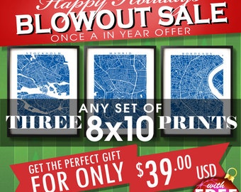 Three 8x10 Prints for 39 usd -  Christmas SALE - Choose any three 8" x 10" - Multiple Order Discount - Map Art Decor