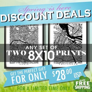 May include: Two 8x10 inch black and white prints of city maps, one of Paris and one of Amsterdam, displayed in black frames. The image includes text that reads "Spring is here DISCOUNT DEALS" and "GET THE PERFECT GIFT FOR ONLY".