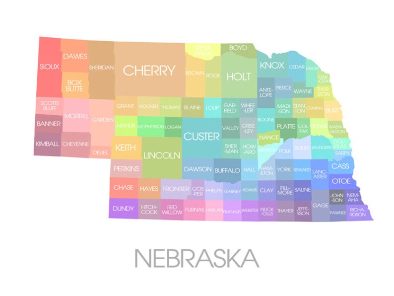 May include: A colorful map of Nebraska, divided into counties, each with a different pastel color. County names are displayed in white text. The word "NEBRASKA" is written in gray at the bottom of the image.