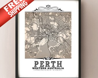 Perth Vintage Style Sepia Map Art Print - Perth, Western Australia City Map Decor