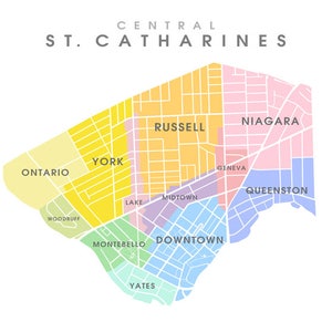 St. Catharines Central, ON Map Coloured Neighbourhoods Print image 3