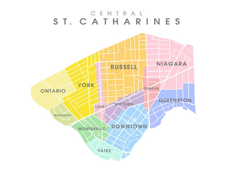 St. Catharines Central, ON Map Coloured Neighbourhoods Print image 3