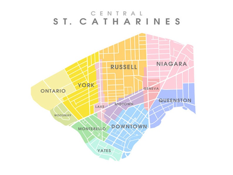 St. Catharines Central ON Map Coloured Neighbourhoods Print - Etsy Canada
