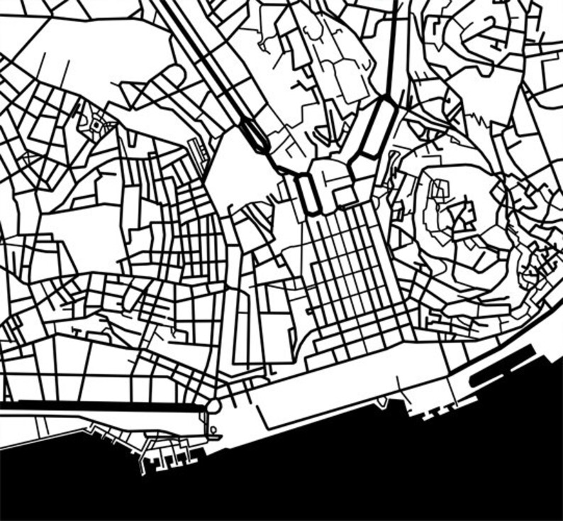 May include: A black and white line art map depicting a city's intricate street layout. The design features a dense network of roads, buildings, and urban elements, with a contrasting black and white color scheme. The map includes a waterfront area.