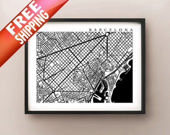 Barcelona Map, Black and White Poster Print