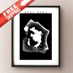 Bora Bora Carte - Noir et Blanc - Sous le vent, Iles de la Société, Français Polynésie Affiche - Pahia, Papeete, Tahiti