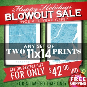 Zwei 11x34 Drucke für 42 usd - Weihnachten im SALE - Wählen Sie zwei 11 "x 14" - Rabatt auf Mehrfachbestellung - Map Art Decor