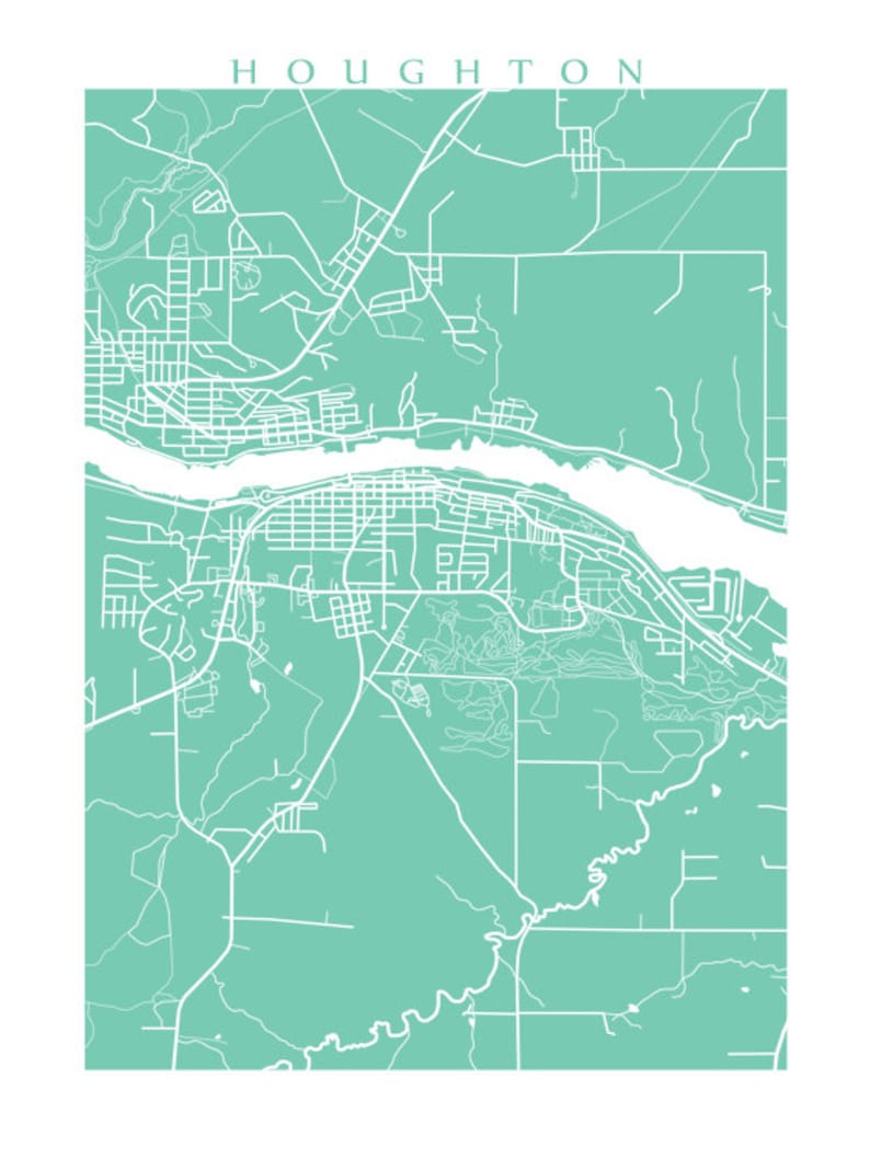 Houghton Map Print Michigan Poster Art Etsy Il N5os 