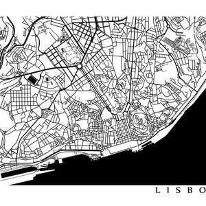 May include: A black and white map of Lisbon, Portugal, featuring intricate street details and the Tagus River. The city's name, "LISBON," is printed in a clean, sans-serif font at the bottom of the image. The map is a minimalist design.