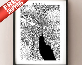 Zurich Map Print - Black and White Wall Art