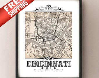 Cincinnati Vintage Style Sepia Map Art Print - Cincinnati, Ohio City Map Decor