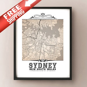 Impression d'art de carte sépia Style vintage de Sydney - décoration de carte de la ville de Sydney, Nouvelle-Galles du Sud