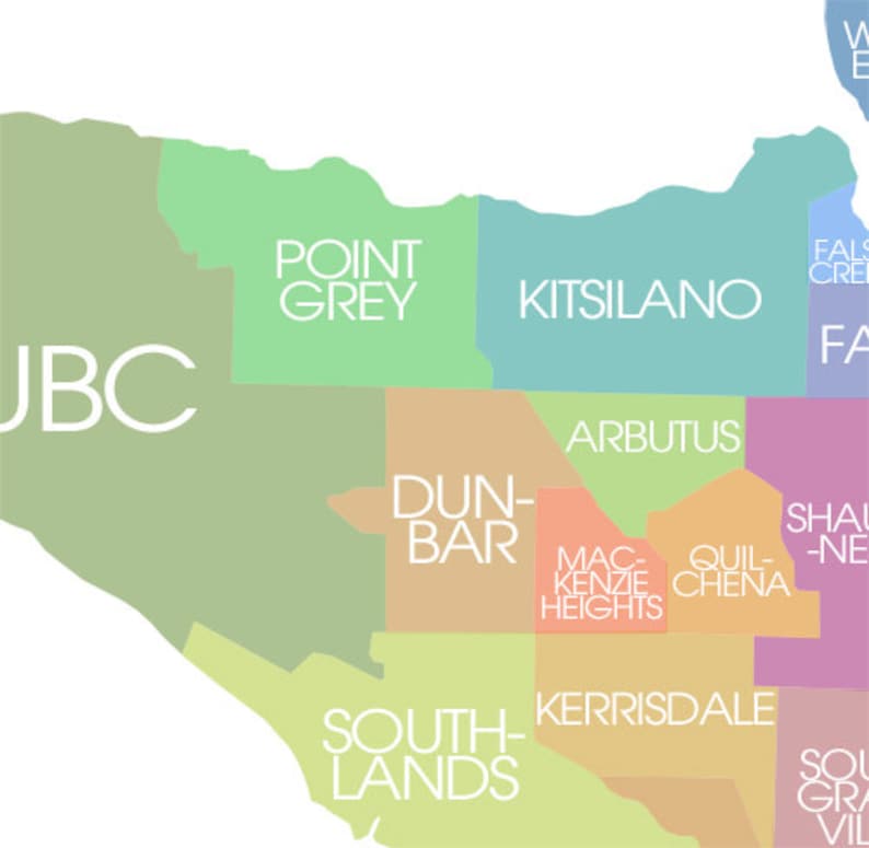Vancouver, BC Map - Coloured Neighbourhoods Print - Etsy