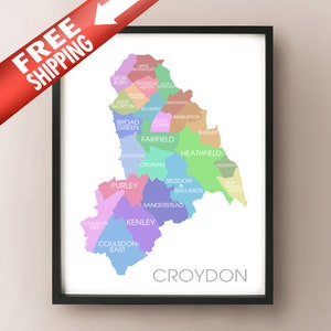 Croydon, Mapa de Londres - Reino Unido, Inglaterra Barrios de colores Impresión