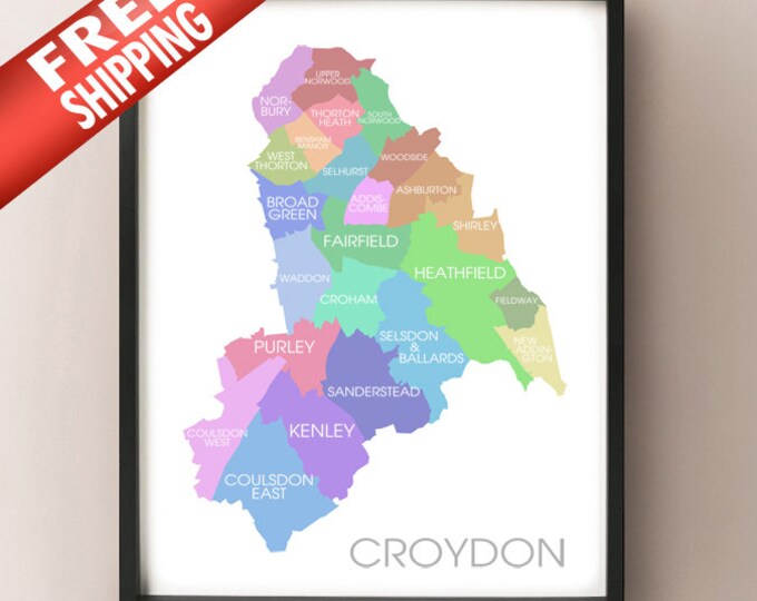 Croydon, London Map - UK, England Coloured Neighbourhoods Print