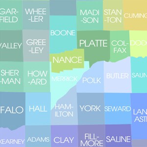 May include: A colorful map featuring county names in white text against various pastel-colored rectangular shapes. Counties like Nance, Polk, and Hall are visible. The map is a graphic representation of a geographical area.