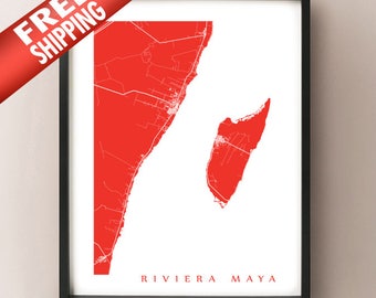 Riviera Maya Map Art Print -  Tulum, Playa del Carmen, Cozumel, Mayan Riviera, Mexico Poster