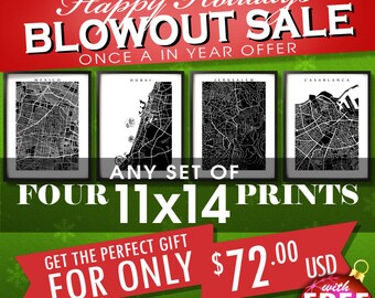 Four 11x14 Prints for 72 usd -  Christmas SALE - Choose any four 11" x 14" - Multiple Order Discount - Map Art Decor