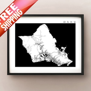 Oahu Karte, Hawaii Kunst Posterdruck - schwarz und weiß - O'Ahu, Hawaii-Inseln, Honolulu, Waikiki, Flitterwochen
