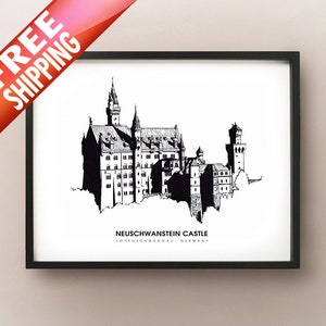 Neuschwanstein Castle - Ink Drawing Print - Hohenschwangau, Germany