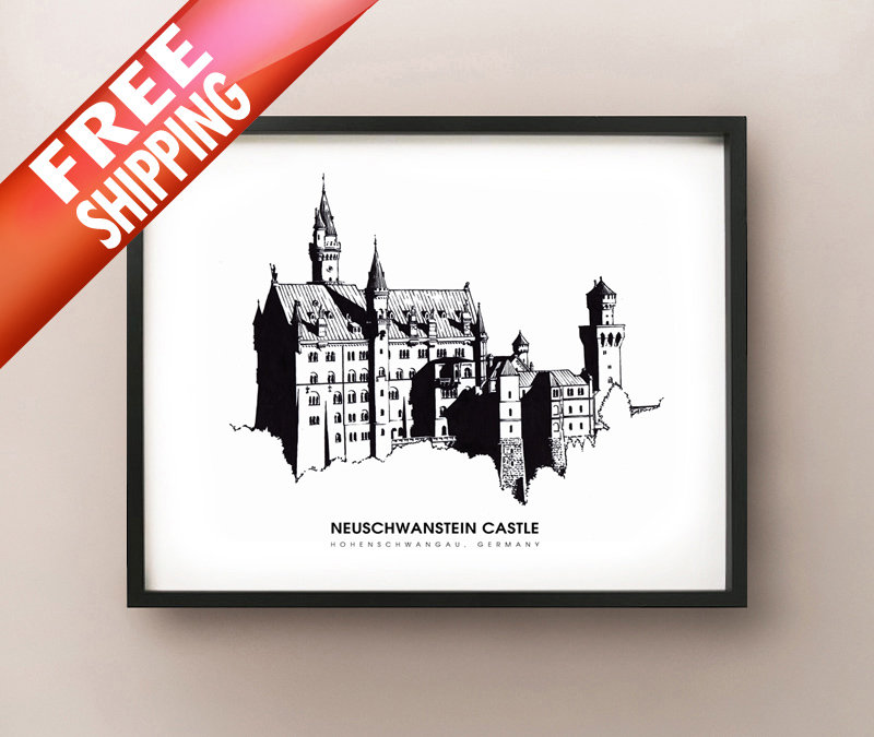 ノイシュヴァンシュタイン城 - インク画版画 - ホーエンシュヴァンガウ