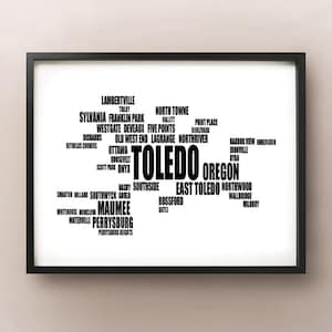 Toledo Typography Map, Toledo Metropolitan Area Text Art Print, Ohio City Font - Choisissez la couleur et la taille