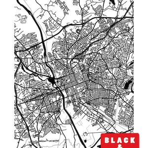 May include: Black and white map of Columbia, with the city's name at the top. The map shows a detailed network of roads and buildings. A red square in the bottom right corner reads "BLACK & WHITE Example".