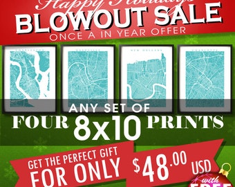 Four 8x10 Prints for 48 usd -  Christmas SALE - Choose any four 8" x 10" - Multiple Order Discount - Map Art Decor