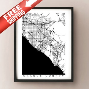 Orange County Map Art Poster Print - Noir et Blanc - Anaheim, Huntington Beach, Santa Ana