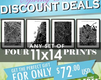 Map Art Print Set: Choose Any Four 11x14 City Prints