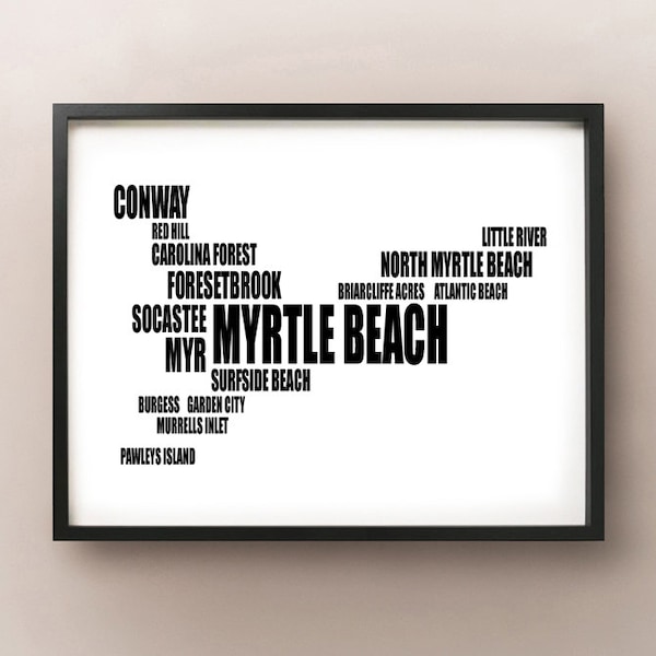 Myrtle Beach Typography Map, South Carolina Text Art Print