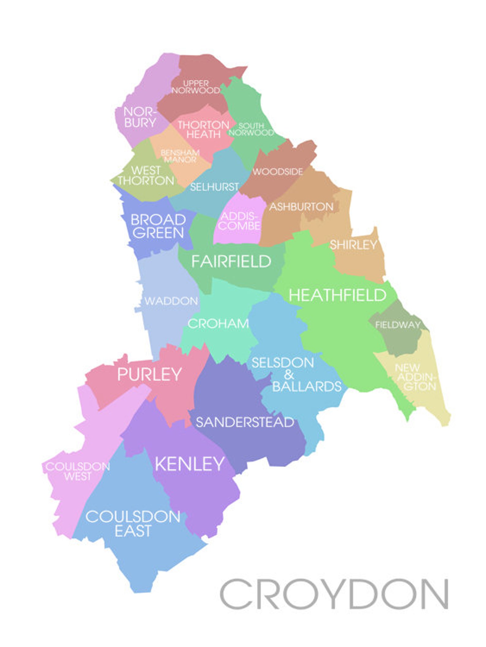 Croydon London Map UK England Coloured Neighbourhoods Etsy