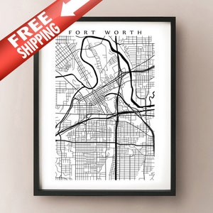Fort Worth Map Art Print - Black and White - Texas Home Decor