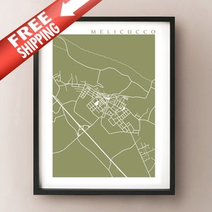 May include: A framed print featuring a minimalist map of Melicucco in white lines against an olive green background. The print is in a black frame. The text "MELICUCCO" is at the top. A red banner with the words "FREE SHIPPING" is across the top left.