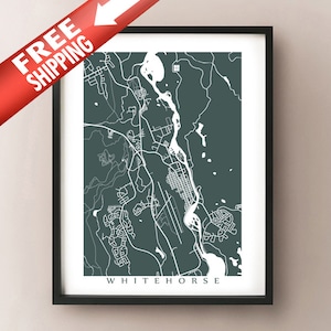 Impression de la carte de Whitehorse - Yukon, Canada Art Poster - Choisissez la couleur et la taille