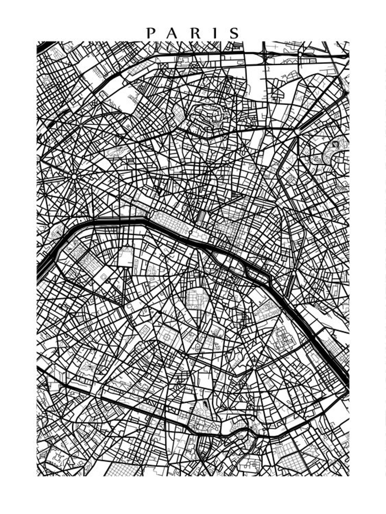 Paris Map Print Black and White Wall Art | Etsy