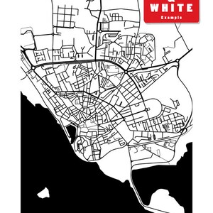 May include: Black and white line art map of Faro, Portugal. The map shows the city's streets, coastline, and surrounding areas. The word "FARO" is printed at the bottom. A red rectangle in the upper right corner reads "BLACK & WHITE Example".
