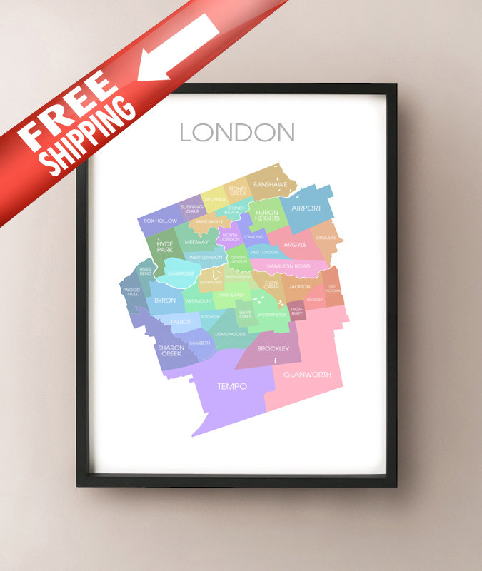 Map Of London Ontario Neighbourhoods London On Map Coloured Neighbourhoods Print | Etsy
