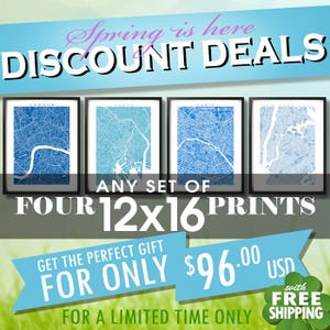May include: Four framed prints, each 30x40 cm, displaying city maps in blue hues. The image includes the text "Spring is here DISCOUNT DEALS" and "ANY SET OF FOUR 12x16 PRINTS".
