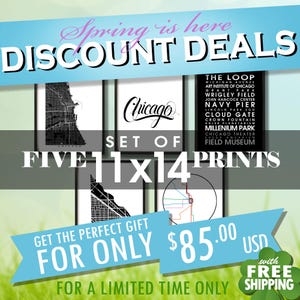 May include: A set of five prints, each measuring 28 x 36 cm, showcasing Chicago city maps and landmarks. The prints include the word "Chicago" in a script font, and a list of Chicago attractions. The image also includes the text "Discount Deals".