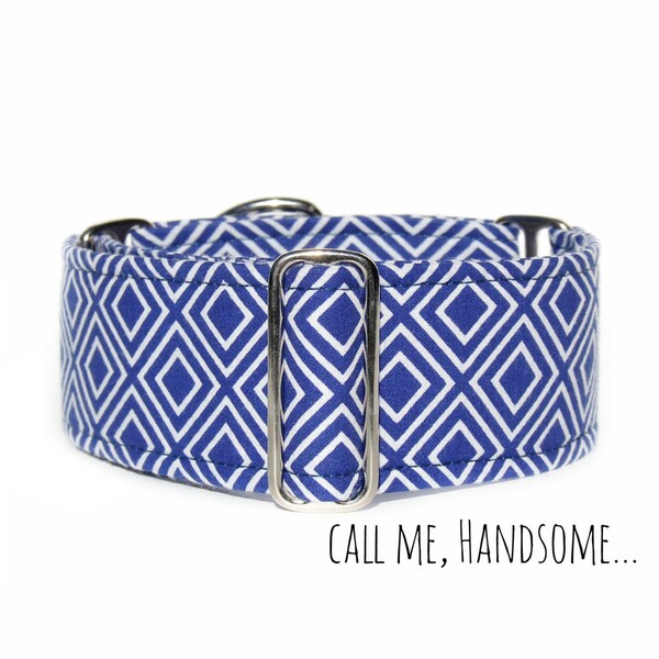 Marineblauwe hond kraag, Dapper Hipster geometrische Print, Martingale of standaard Clip opties, klein tot Extra groot