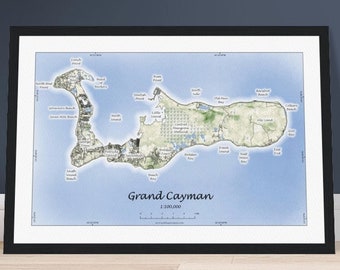 Grand Cayman Map Watercolor Style Framed