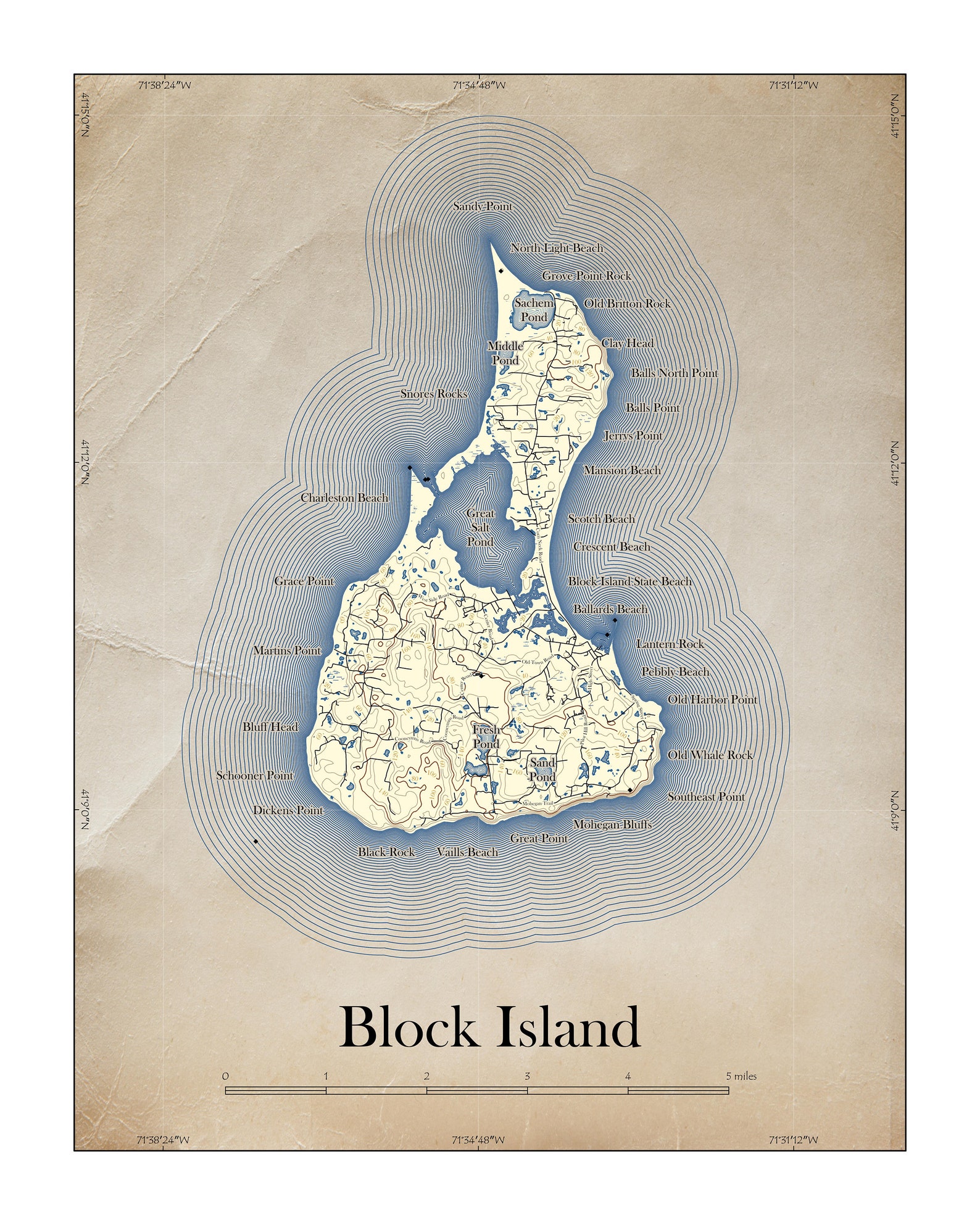 Block Island Map Vintage Tattered Style Printable Etsy
