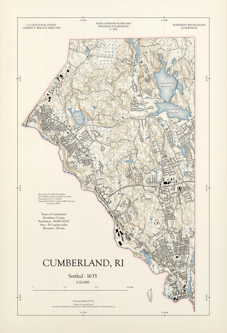 Cumberland RI Map Old Topo Style Etsy