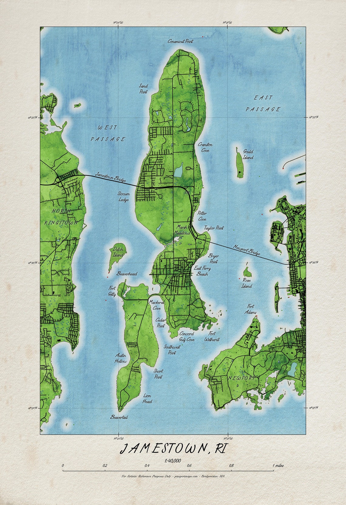 Watercolor Style Map of Jamestown RI - Etsy