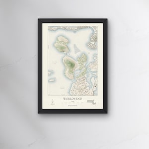 May include: Framed map print of World's End, featuring a detailed topographical view with land in green and water in light blue. The map includes the text "WORLD'S END" and is encased in a black frame, perfect for wall decor.