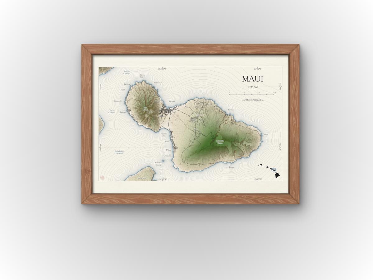Maui Hawaii Map Art Print Poster Art Vintage Style Travel Map Wall