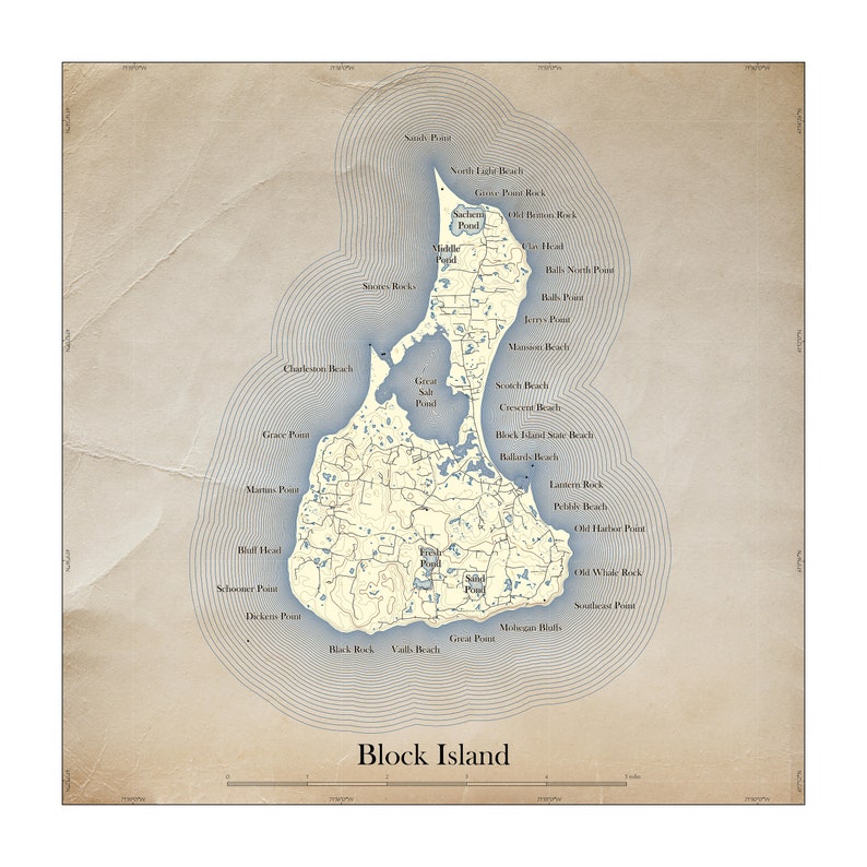 Block Island Map Vintage Tattered Style Printable Etsy